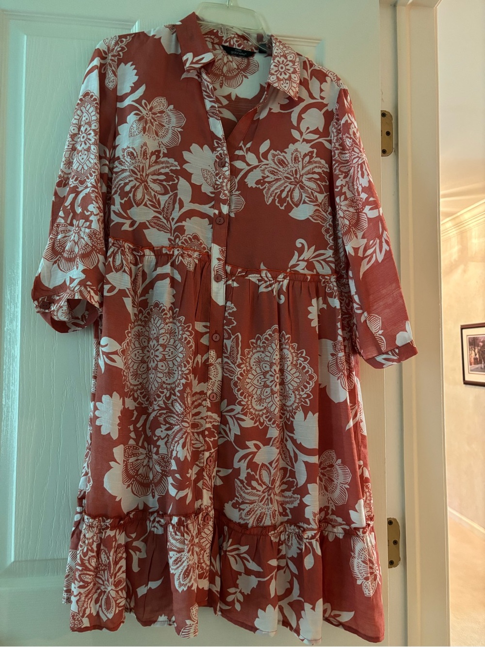 Mlle Gabrielle Rust and White Floral Button-Front Tiered Dress